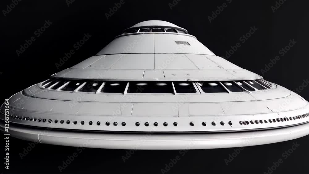 Poster close up view of a detailed model of a metallic flying saucer against a dark background. the spacecr