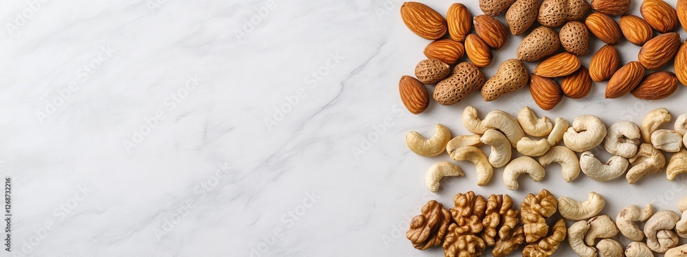 Poster aesthetic arrangement of various nuts on marble background creating a simple natural display