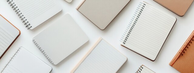 Collection of Blank Notebooks and Notepads Arranged on Light Surface for Creative Inspiration