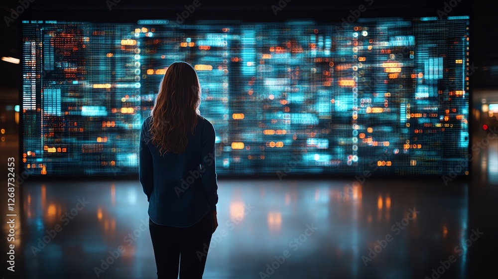 Poster woman observing digital data stream modern tech code blue dark code