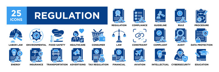 Regulation icon collection set. Containing design Standard Regulation, Compliance, Guideline, Rule, Procedure	