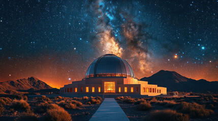 Obraz premium Astronomical observatory with a massive dome under a starry night sky