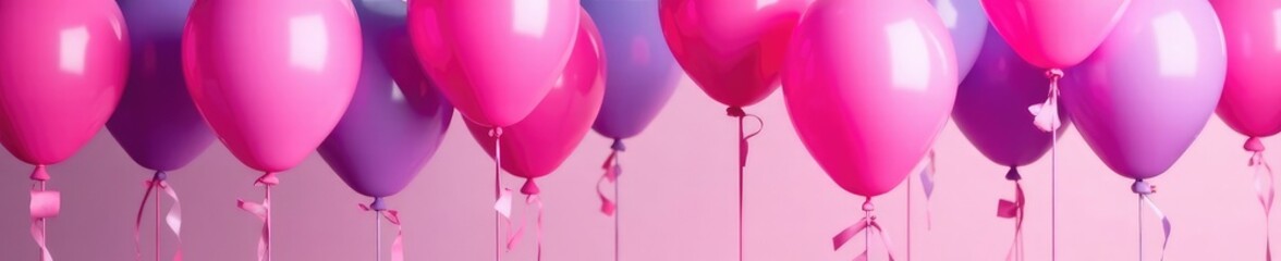 A bunch of pink and purple balloons suspended from the ceiling with matching ribbons, colorful, balloons, pink
