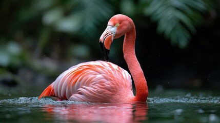 Pink flamingo swimming in tropical pond, lush green background, wildlife nature