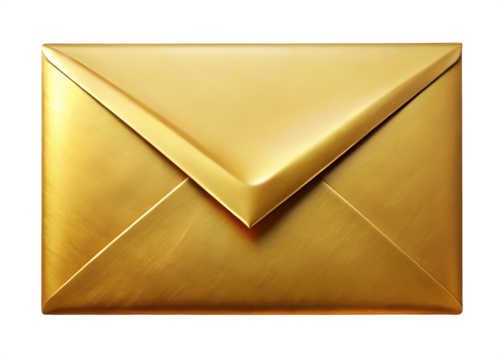 Open gold envelope with a glossy finish and triangular flap, perfect for delivering important or celebratory messages. Isolated on transparent background, png. - Powered by Adobe