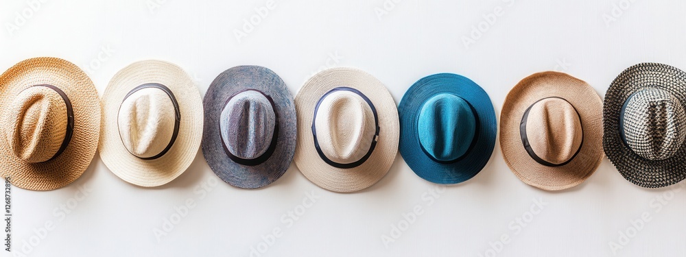 Poster a colorful display of classic straw hats arranged neatly against a minimalistic background