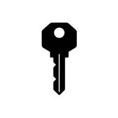 Black Key Icon: A simple, minimalist black key icon isolated against a white background, perfect for website design, app interfaces, or presentations. The key features a classic shape with a keyhole.