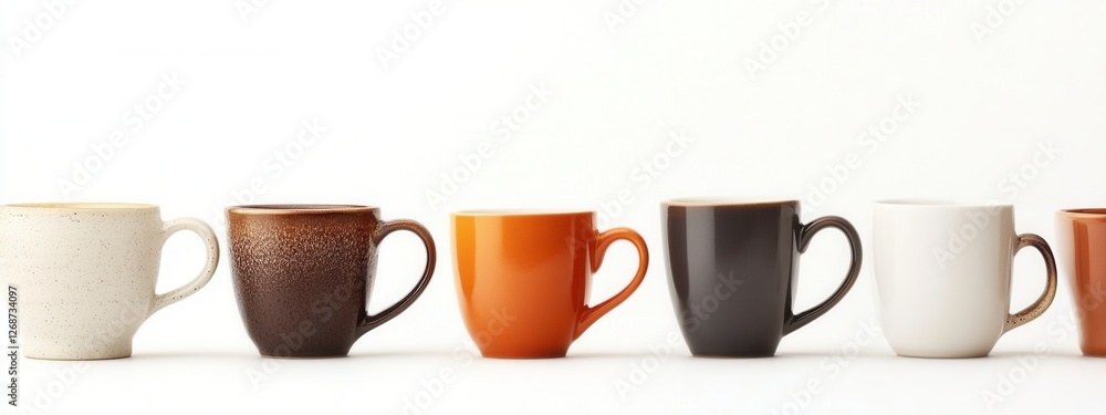 Poster colorful ceramic cups in a row with diverse textures and shapes on a minimalistic background