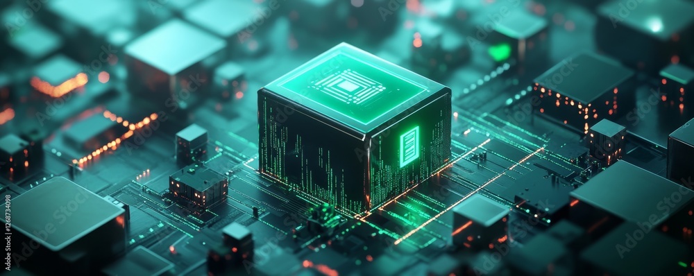 Poster futuristic cpu glowing on circuit board; tech background
