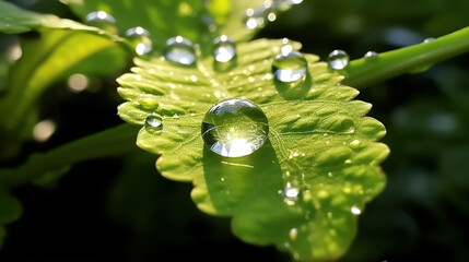 Beautiful Water Droplet on Leaf in Morning Sunlight with Artistic Bokeh Background