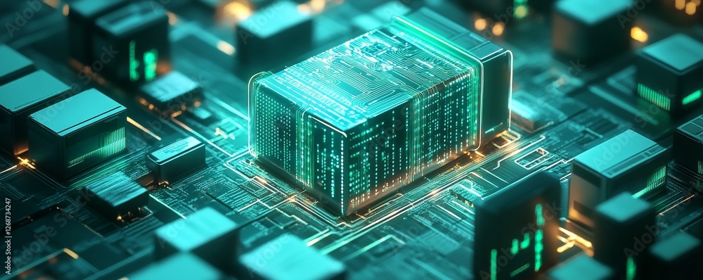 Aufkleber futuristic cpu on circuit board; glowing tech background; digital ad