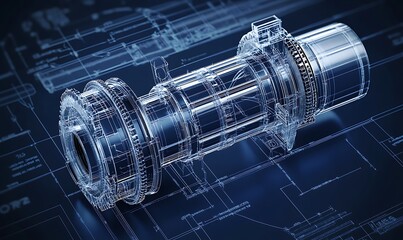 Detailed blueprint of a mechanical gear system on a dark blue background, complexities and intricacies of machine engineering.