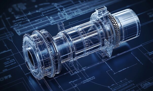 Detailed blueprint of a mechanical gear system on a dark blue background, complexities and intricacies of machine engineering.