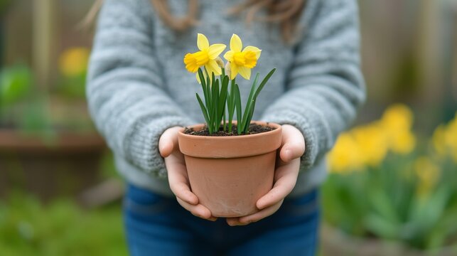 Child's hands hold daffodils in a pot for Saint David's Day planting. AI generated