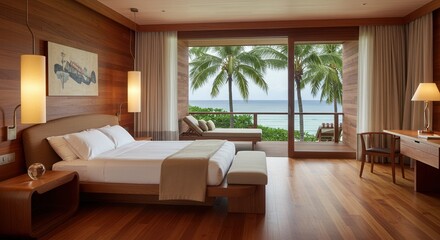 Luxury Resort Bedroom with Ocean View and Palm Trees Background