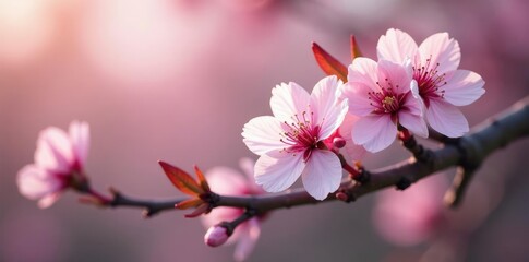 Obraz premium A delicate pink cherry blossom blooms on a bare tree branch in spring, bloom, blossum, blossom