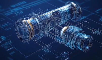 Detailed blueprint of a mechanical gear system on a dark blue background, complexities and intricacies of machine engineering.