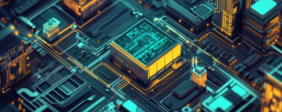 Futuristic chip circuit board detail; glowing; tech background