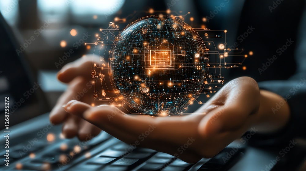 Aufkleber global network digital sphere in hands technology web data dark world