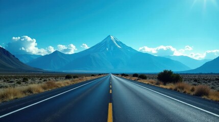Asphalt Ribbon Unfolding Towards a Majestic Snowy Peak Under a Vibrant Azure Sky