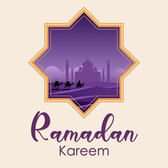 Fototapeta premium Luxurious Ramadan Kareem design featuring a beige background, a gold-framed geometric star, purple desert dunes with camel silhouettes, and a mosque silhouette. Ideal for greeting cards and banners.