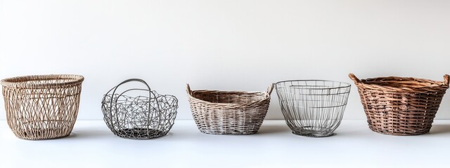 Fototapeta premium Variety of Handmade Baskets in Different Styles and Materials on Minimal Background
