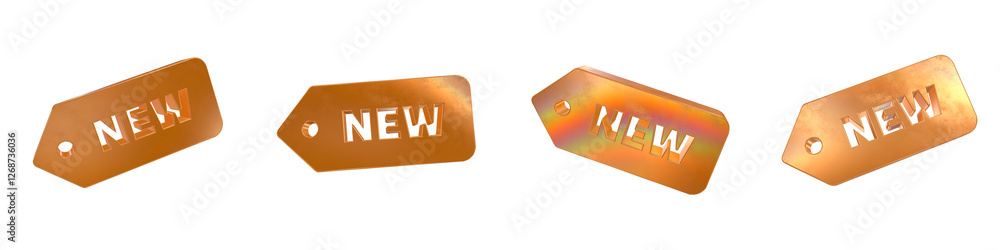Poster set of 4 3d new solid label shapes with golden and rainbow effects isolated on a transparent backgro