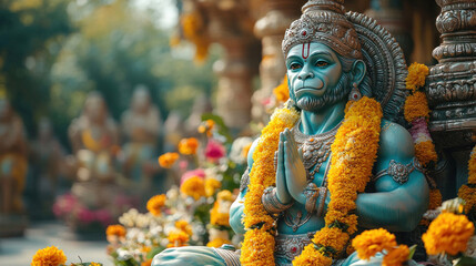 Obraz premium Hindu deity Hanuman depicted in a vibrant statue, with devotees offering prayers and flowers