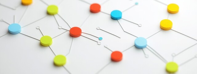 Colorful abstract connection pattern with circles and lines on a white background