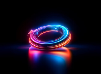A luminous neon ring with an arrow glows brightly against a dark backdrop, casting vibrant reflections on a sleek surface. The circular shape and arrow suggest direction and motion.