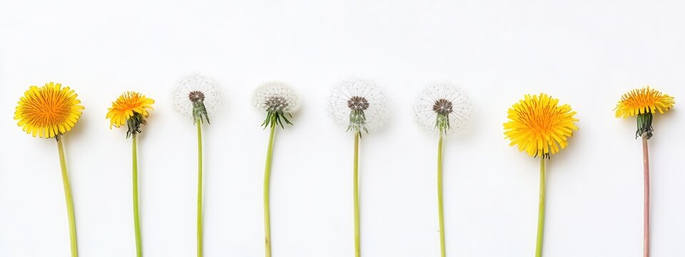Colorful Dandelion Flowers in Different Growth Stages on White Background