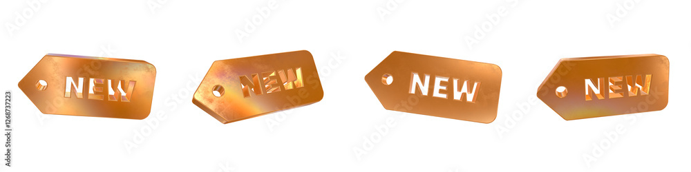 Poster set of 4 3d new solid label shapes with golden and rainbow effects isolated on a transparent backgro