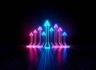 Neon arrows glow in pink and blue, pointing upwards against a dark background.  Illuminated lines on the floor reflect the vibrant light, creating a futuristic and dynamic scene.