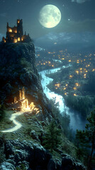 Pixelated Castle On Mountaintop At Night With Full Moon