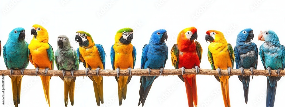Poster a colorful array of parrots perched on a branch against a bright background