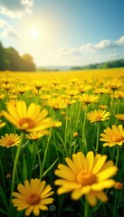 bright yellow daisy fields stretching towards the sky, daisies, summer, garden