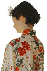 Elegant Half-Body Photograph of a Person in Floral Print Wearing a Stylish Hairdo with Soft Light and Gentle Colors