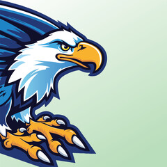 Close-up of a stylized eagle head in profile, featuring blue and white feathers, a yellow beak and eye, and strong yellow talons, against a light green background.