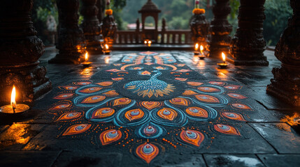 Rangoli design depicting peacocks and lotus flowers, glowing with the light of nearby oil lamps