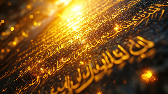 Quranic verses displayed as intricate calligraphy on a mosque wall, highlighted by soft golden lighting