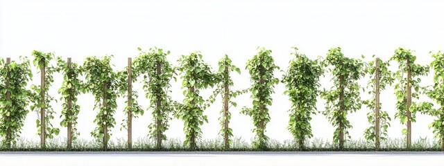 Fototapeta premium Lush Green Vines Growing on Wooden Trellises in Bright White Background for Nature Themes