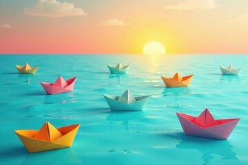 Naklejka premium A fleet of colorful paper boats gracefully floats on a tranquil ocean, illuminated by the warm glow of a setting sun, creating a serene and hopeful scene.
