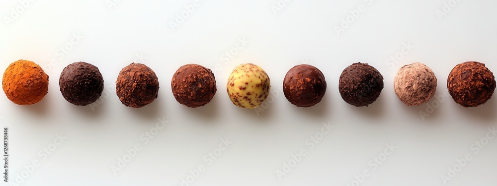 Aufkleber assorted chocolate truffles in a line on white background with various textures and colors