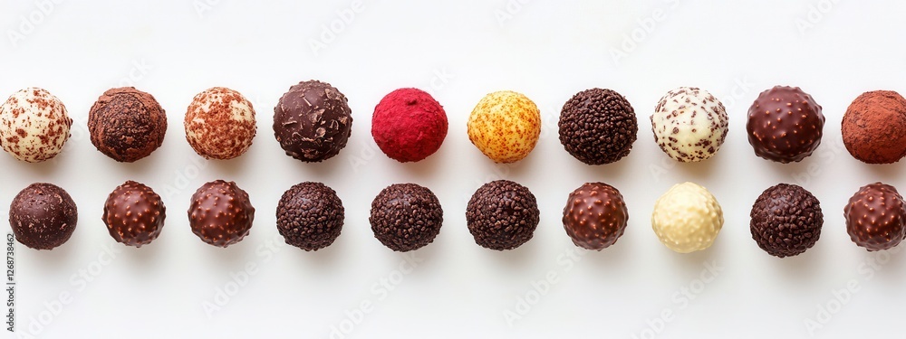 Poster assorted chocolate truffles in a row on a white background for gourmet confectionery display