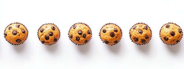 Obraz premium Freshly Baked Chocolate Chip Muffins Arranged in a Row on a Clean White Surface