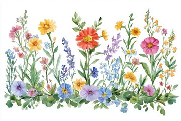 Charming watercolor floral border suitable for summer celebrations and invitations featuring vibrant wildflowers complemented by lush greenery for nature lovers and event planners