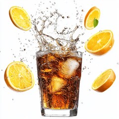 Refreshing Splash of Citrus and Carbonated Drink in Glass with Ice Cubes and Lemon Wedges Surrounding it