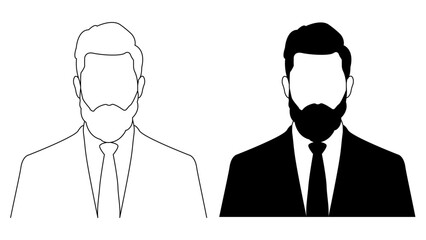 A profile illustration of a man's silhouette. An outline businessman profile illustration. A black and white male avatar picture.