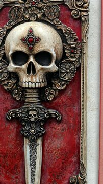 Decorative skull and dagger design on a wall showcasing intricate craftsmanship from a local artisan