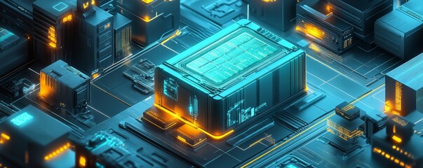 Futuristic data center core, glowing, digital city background, tech concept